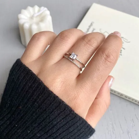 White Gold Plated Silver Princess Cut CZ Double Band Engagement Ring - Picture 2 of 2